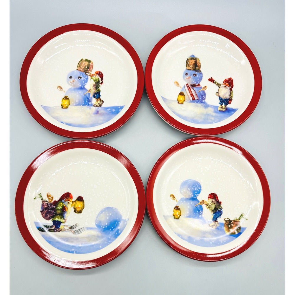Williams Sonoma Appetizer Plates Red White Christmas Gnome‎ Snowman Set of 4 7"